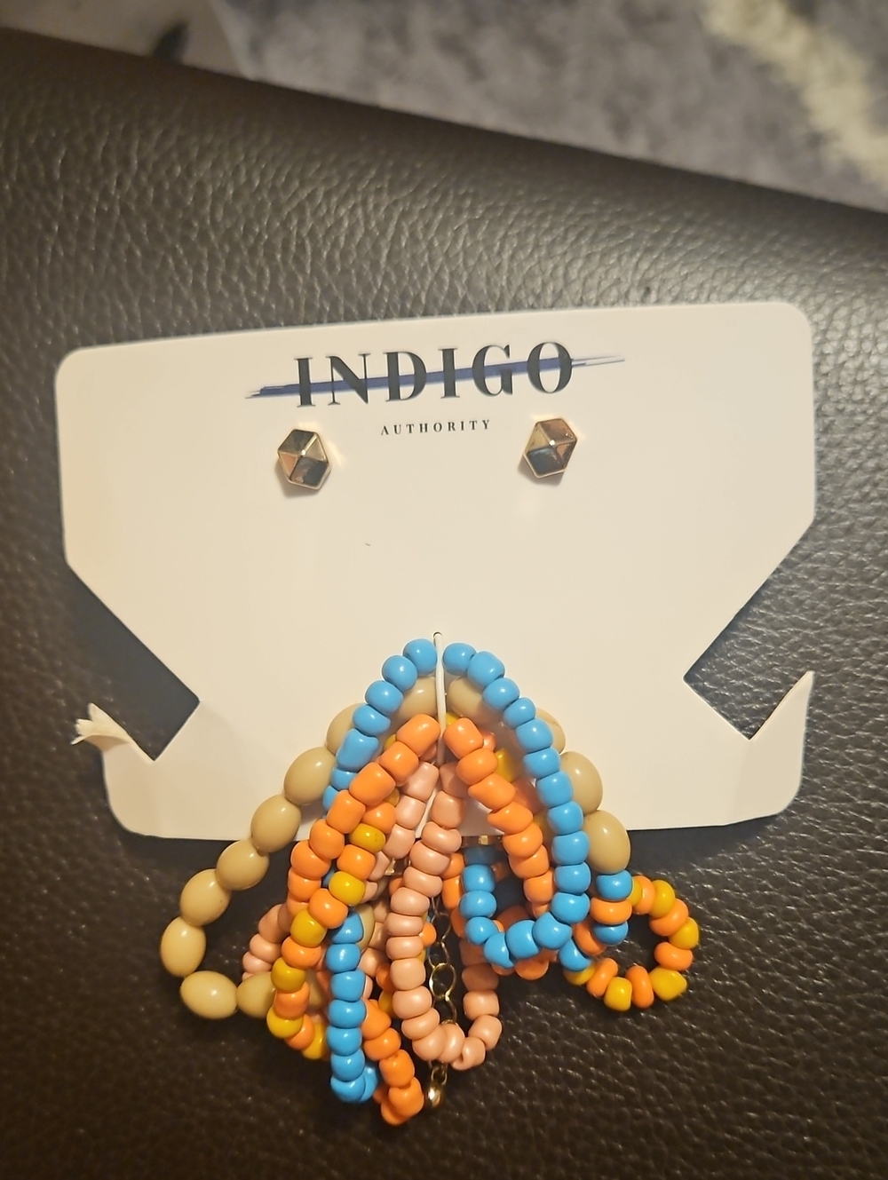 Beaded Multi-Color Bracelet Set - Blue, Orange, Tan With Earings